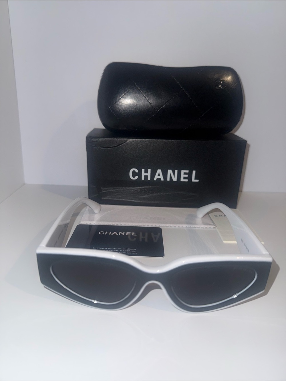 CHANEL 6056 Cat Eye Shield Sunglasses – Black & White Frame